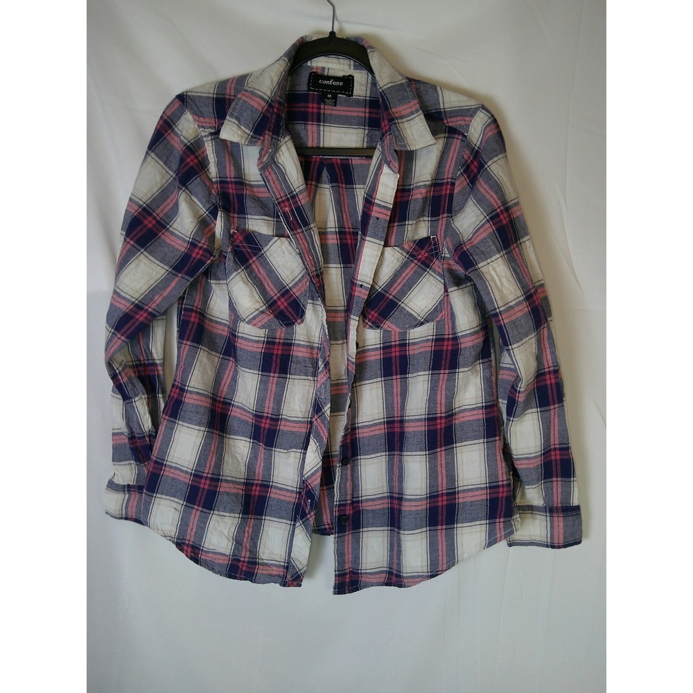 Confess Womens Plaid Flannel Button Down Shirt Navy Pink‎ White Size Medium